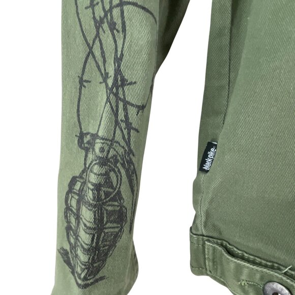 Black Pike Handcrafted Olive Green Denim Jacket Graphic Button Front  Size S - Picture 7 of 9